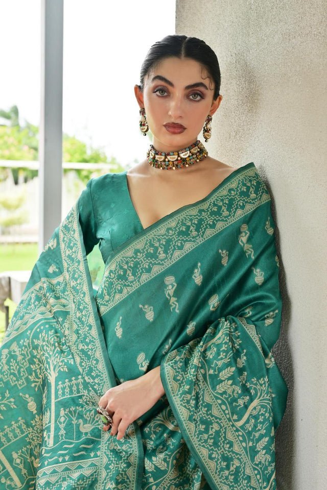 Sea Green Woven Warli Design Silk Saree (ACA7129)