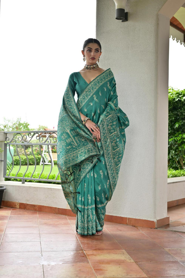Sea Green Woven Warli Design Silk Saree (ACA7129)