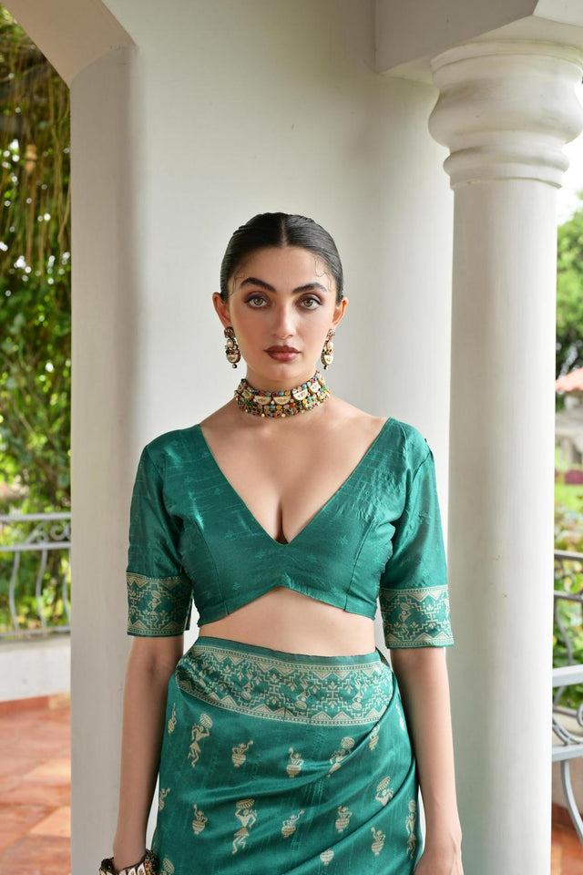 Sea Green Woven Warli Design Silk Saree (ACA7129)