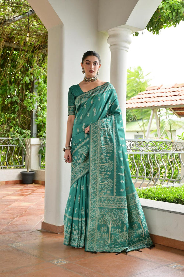 Sea Green Woven Warli Design Silk Saree (ACA7129)