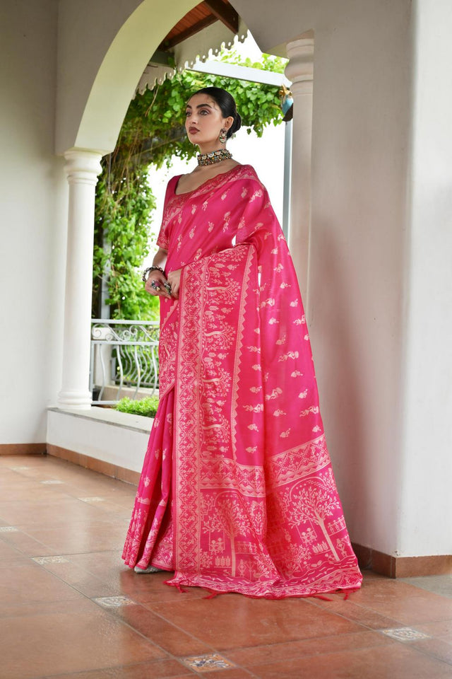 Pink Woven Warli Design Silk Saree (ACA7131)