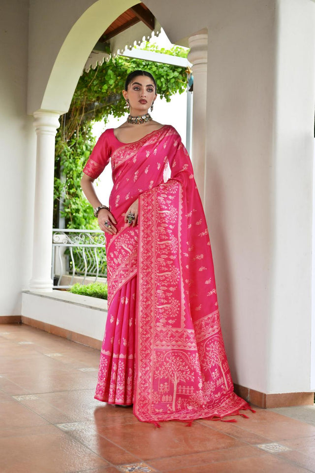 Pink Woven Warli Design Silk Saree (ACA7131)