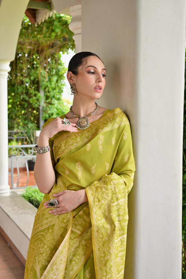 Olive Green Woven Warli Design Silk Saree (ACA7132)
