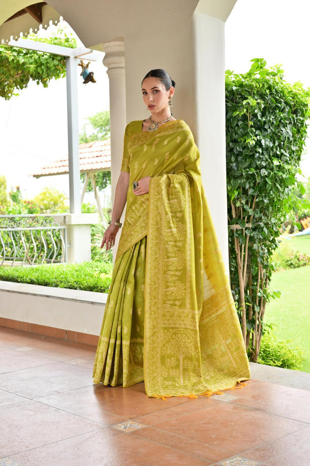 Olive Green Woven Warli Design Silk Saree (ACA7132)