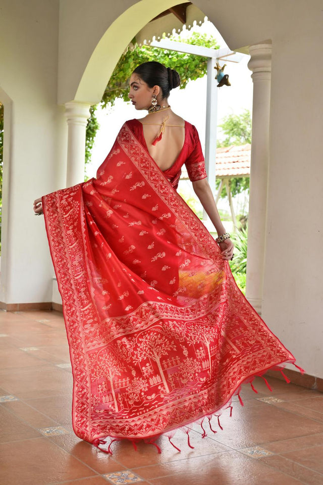 Red Woven Warli Design Silk Saree (ACA7133)