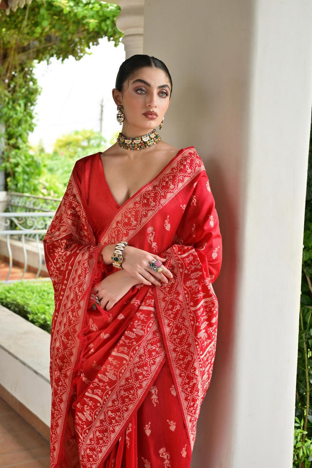 Red Woven Warli Design Silk Saree (ACA7133)