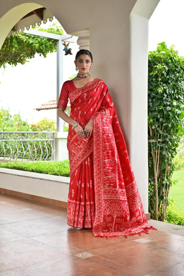 Red Woven Warli Design Silk Saree (ACA7133)