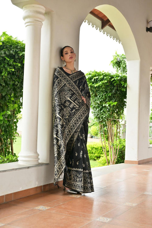 Black Woven Warli Design Silk Saree (ACA7134)