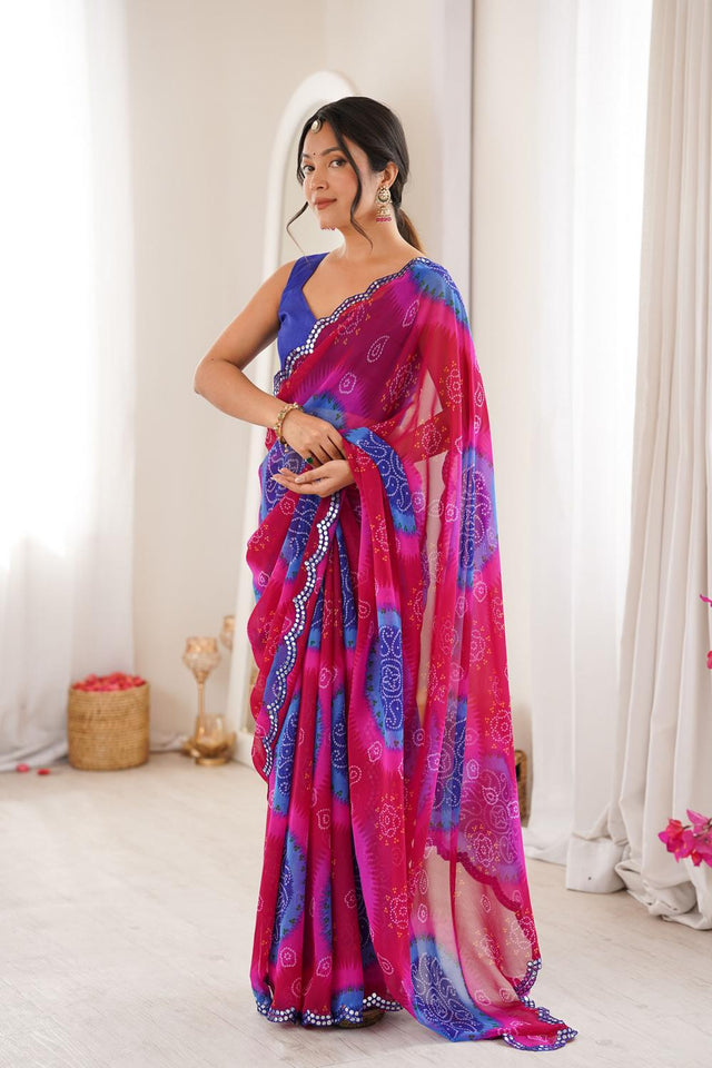 Blue Bandhani Printed Georgette Saree (ACA7135)