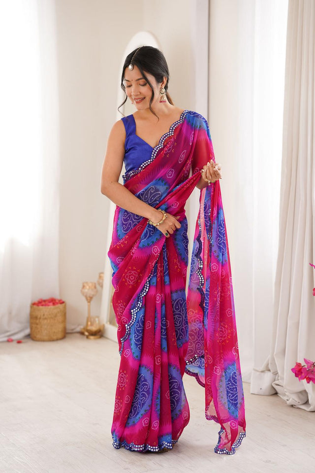 Blue Bandhani Printed Georgette Saree (ACA7135)