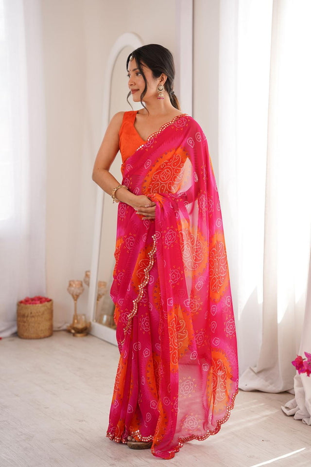 Pink Bandhani Printed Georgette Saree (ACA7136)