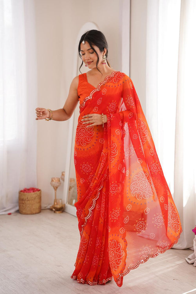 Red Bandhani Printed Georgette Saree (ACA7137)
