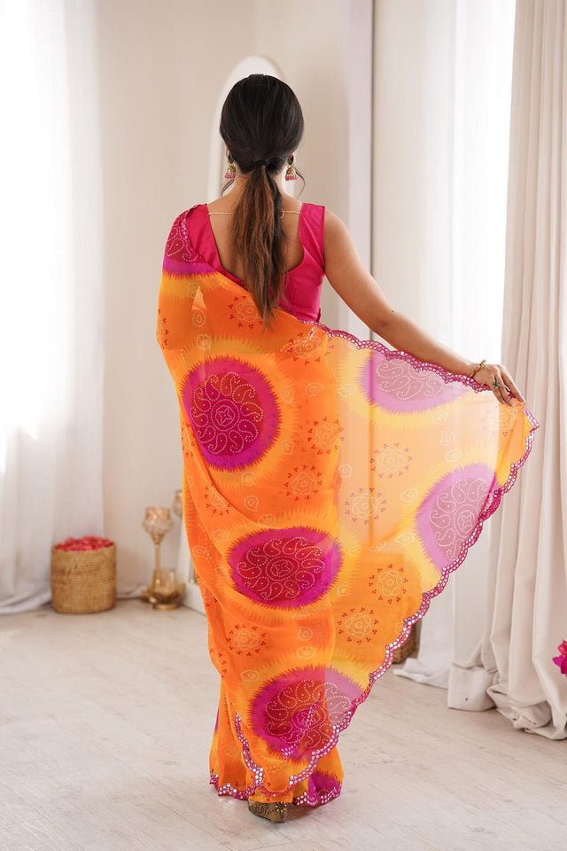 Yellow Bandhani Printed Georgette Saree (ACA7138)