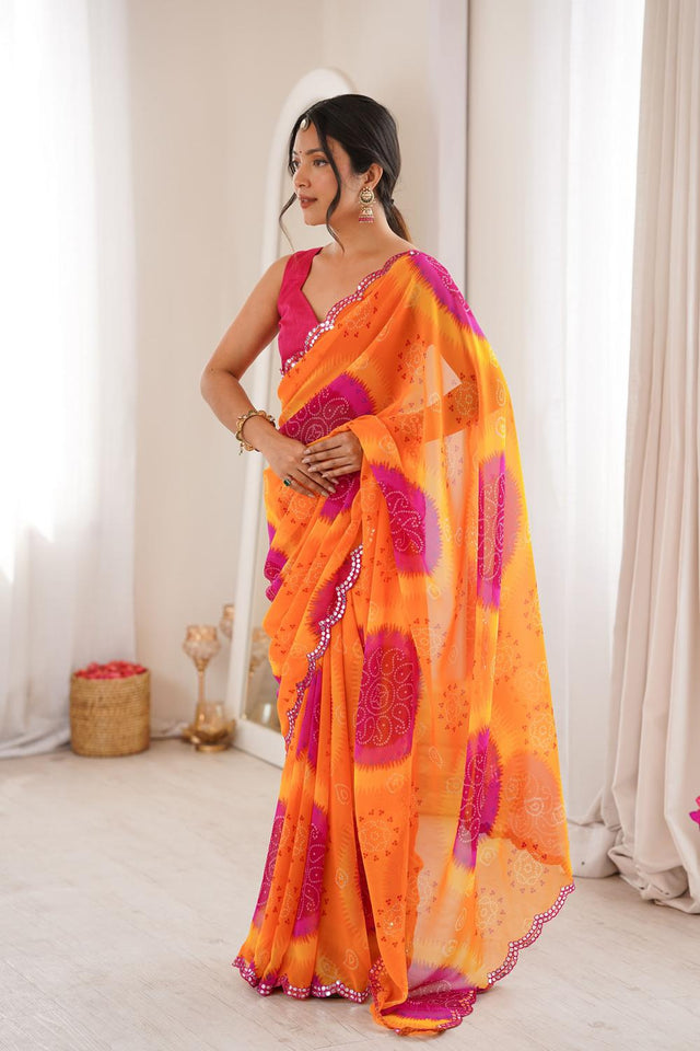 Yellow Bandhani Printed Georgette Saree (ACA7138)