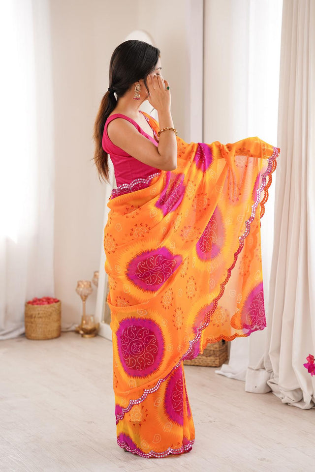 Yellow Bandhani Printed Georgette Saree (ACA7138)