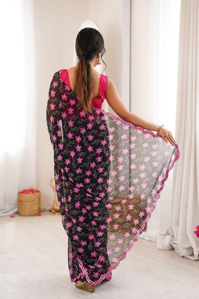 Black Floral Printed Georgette Saree (ACA7139)