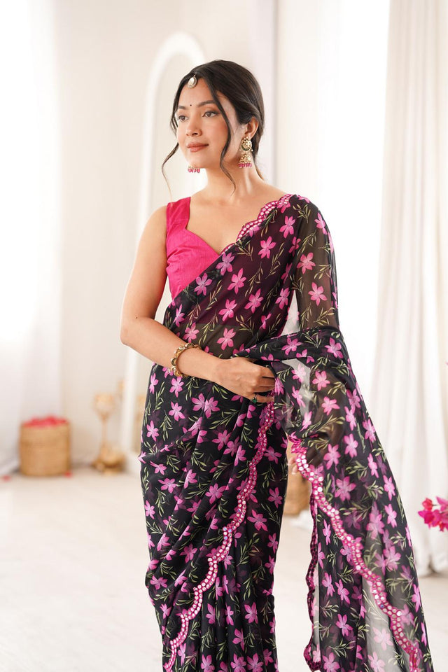 Black Floral Printed Georgette Saree (ACA7139)