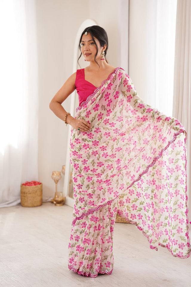 White Floral Printed Georgette Saree (ACA7141)