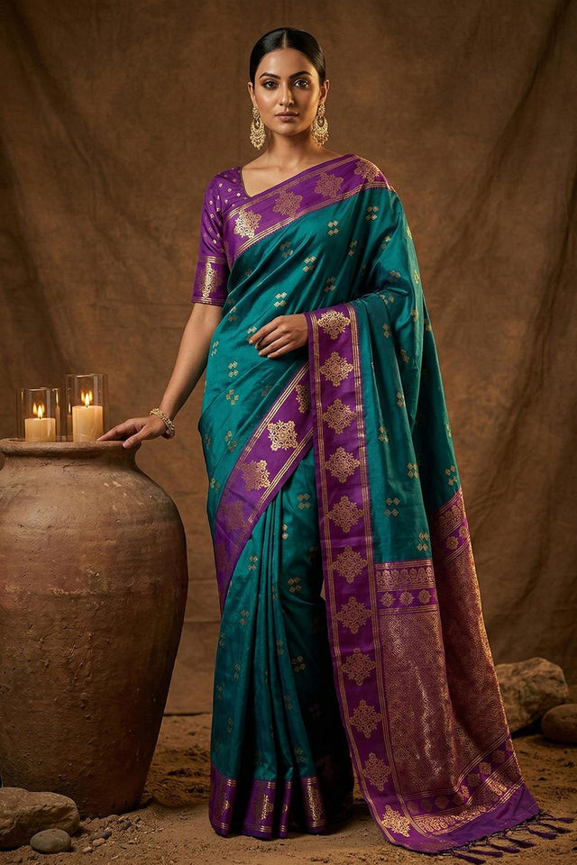Turquoise Woven Soft Silk Saree (ACA7143)