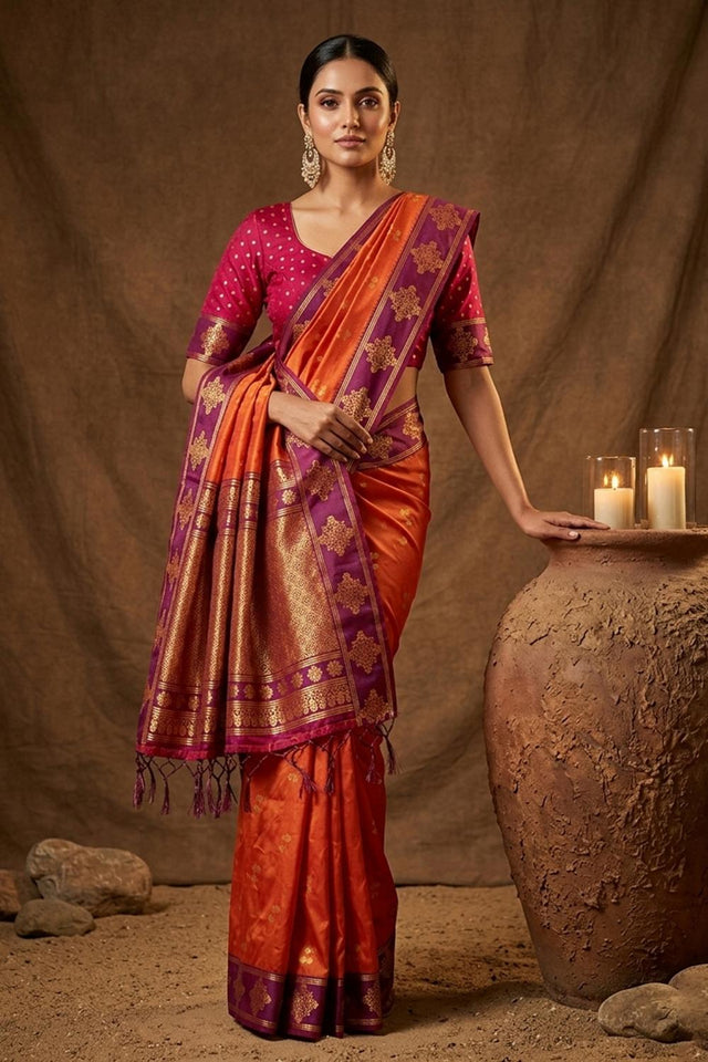 Orange Woven Soft Silk Saree (ACA7144)