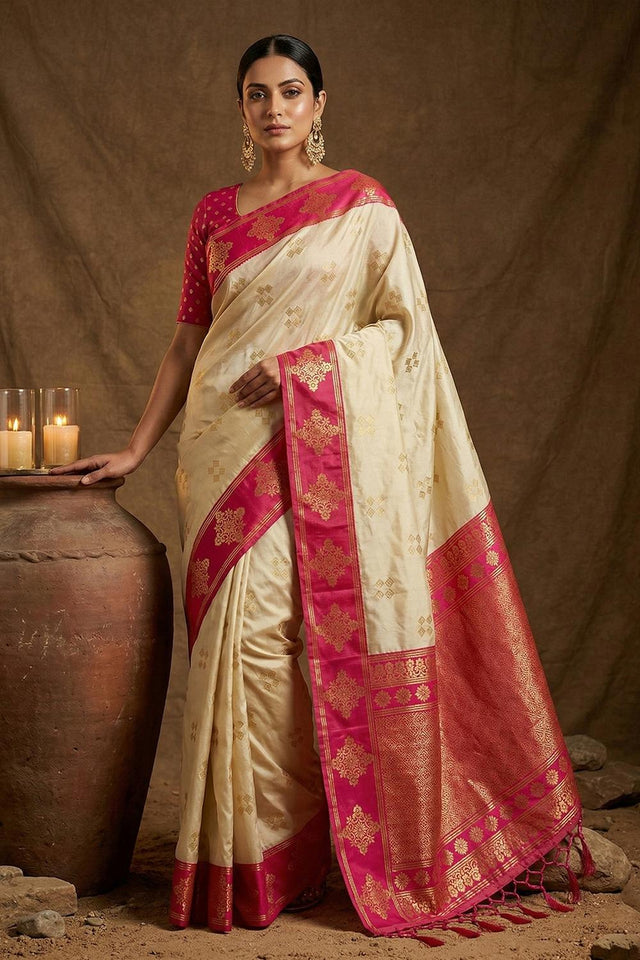 Cream Woven Soft Silk Saree (ACA7147)
