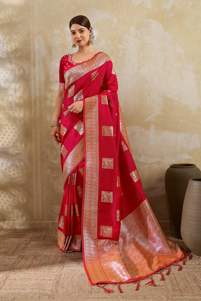 Red Woven Silk Blend Saree (ACA7151)