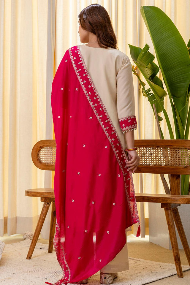 Cream Sequin with Embroidered Silk Blend Kurti Pant Set (ACA7154)