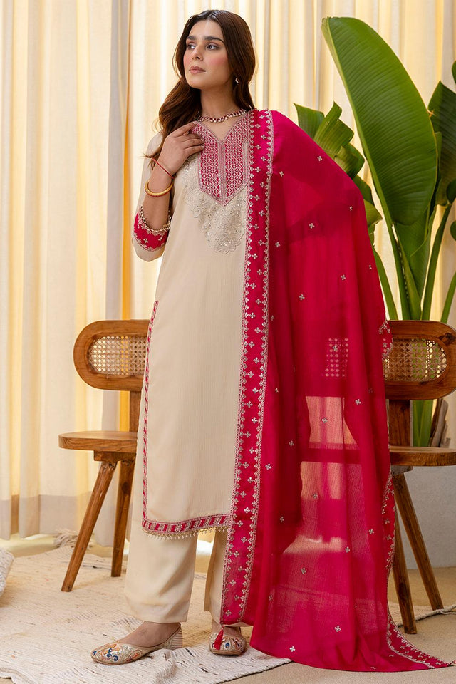Cream Sequin with Embroidered Silk Blend Kurti Pant Set (ACA7154)