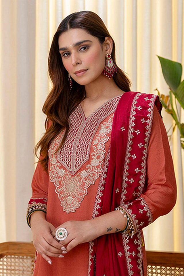 Peach Sequin with Embroidered Silk Blend Kurti Pant Set (ACA7155)