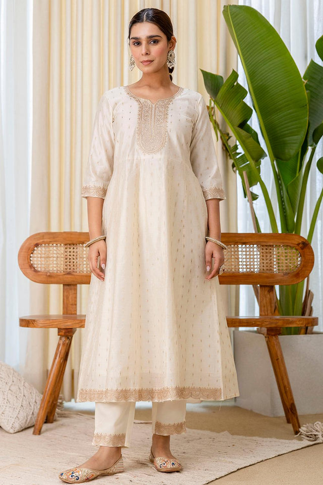 Cream Embroidered Silk Blend Anarkali Suits (ACA7156)