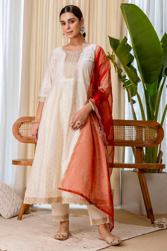 Cream Embroidered Silk Blend Anarkali Suits (ACA7156)