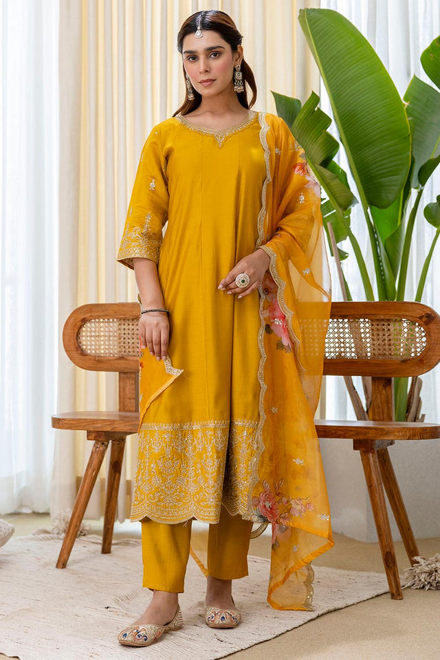 Mustard Floral Embroidered Silk Blend Anarkali Suits (ACA7160)