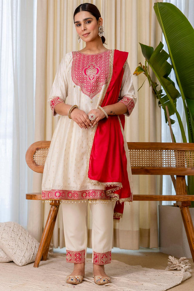 Off White Embroidered Silk Blend Anarkali Suits (ACA7162)