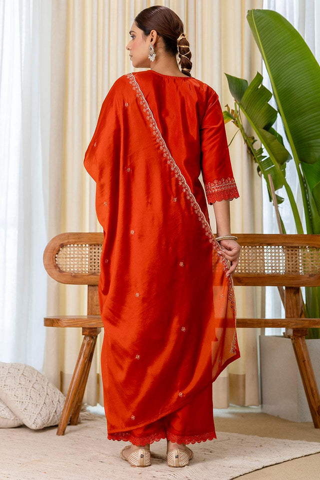 Rust Embroidered Silk Blend Kurti Pant Set (ACA7163)