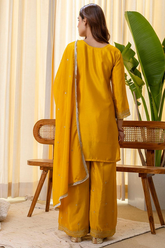 Mustard Floral Embroidered Silk Blend Palazzo Suits (ACA7164)