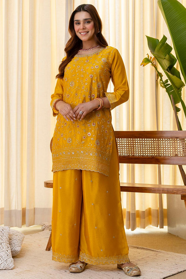 Mustard Floral Embroidered Silk Blend Palazzo Suits (ACA7164)