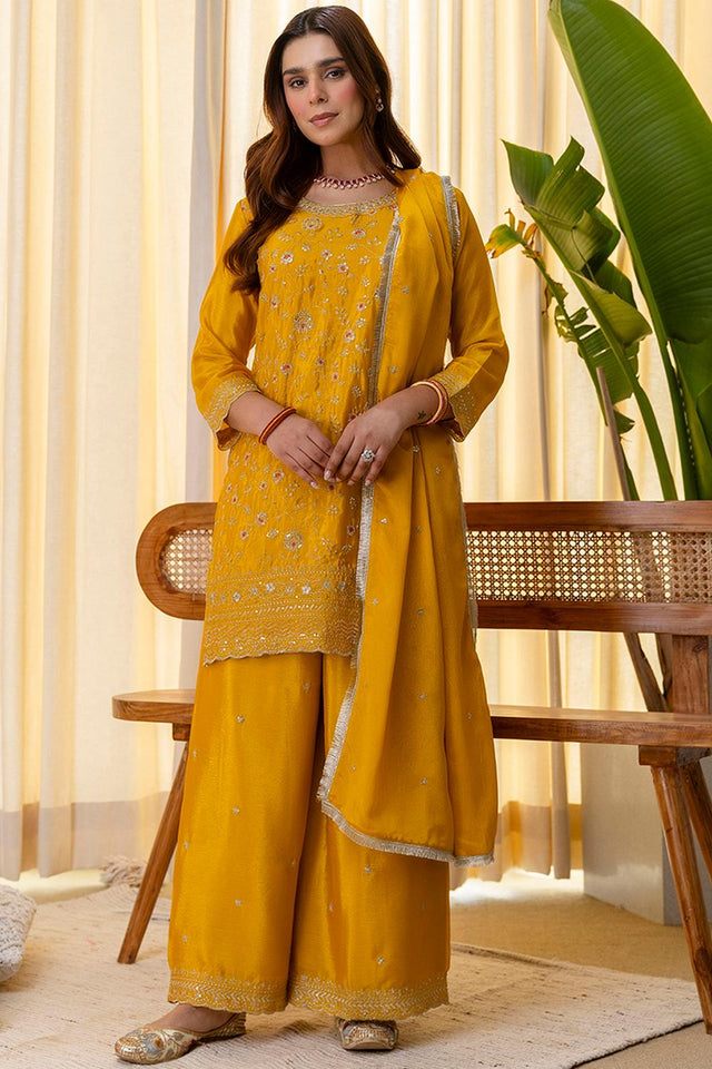 Mustard Floral Embroidered Silk Blend Palazzo Suits (ACA7164)