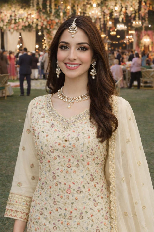 Off White Floral Embroidered Georgette Palazzo Suits (ACA7180)