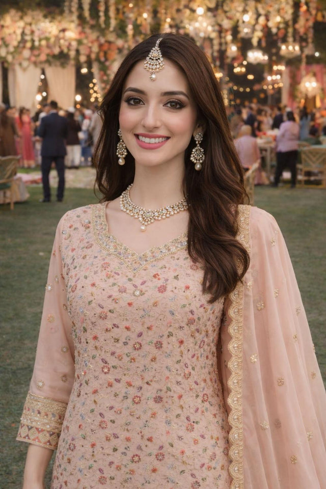 Pink Floral Embroidered Georgette Palazzo Suits (ACA7182)