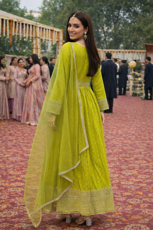 Yellow Woven Designer Viscose Gown (ACA7183)