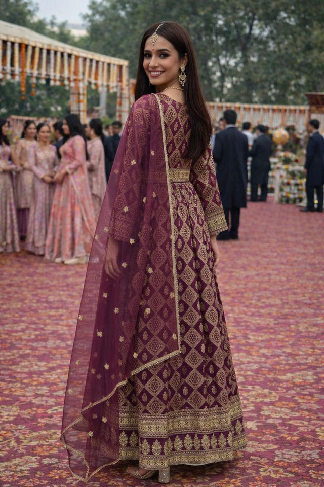 Wine Woven Designer Viscose Gown (ACA7184)