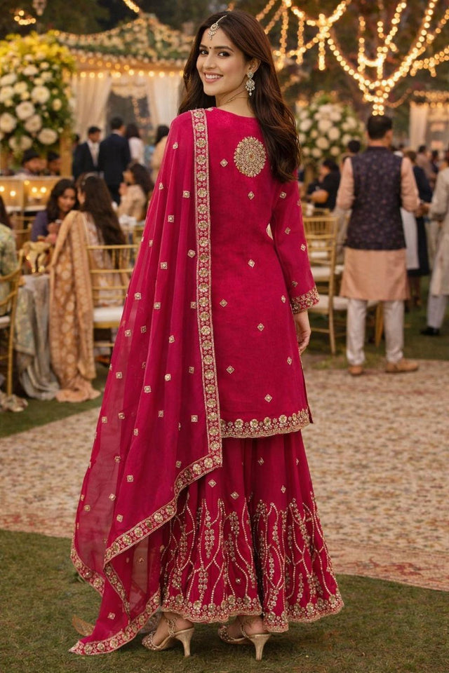 Pink Beads with Sequin Embroidered Silk Sharara Suits (ACA7185)