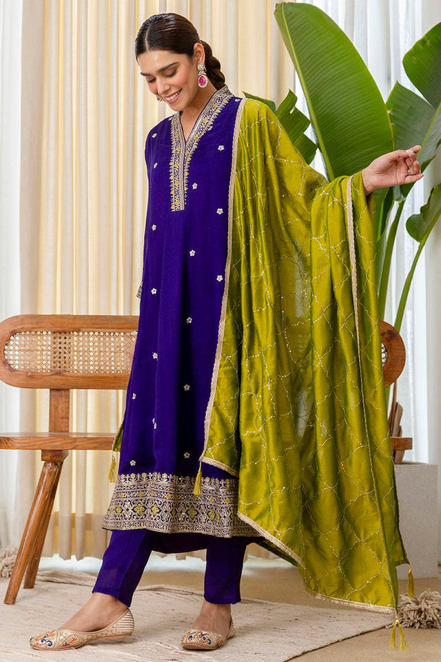 Violet Floral Embroidered Silk Blend Kurti Pant Set (ACA7187)