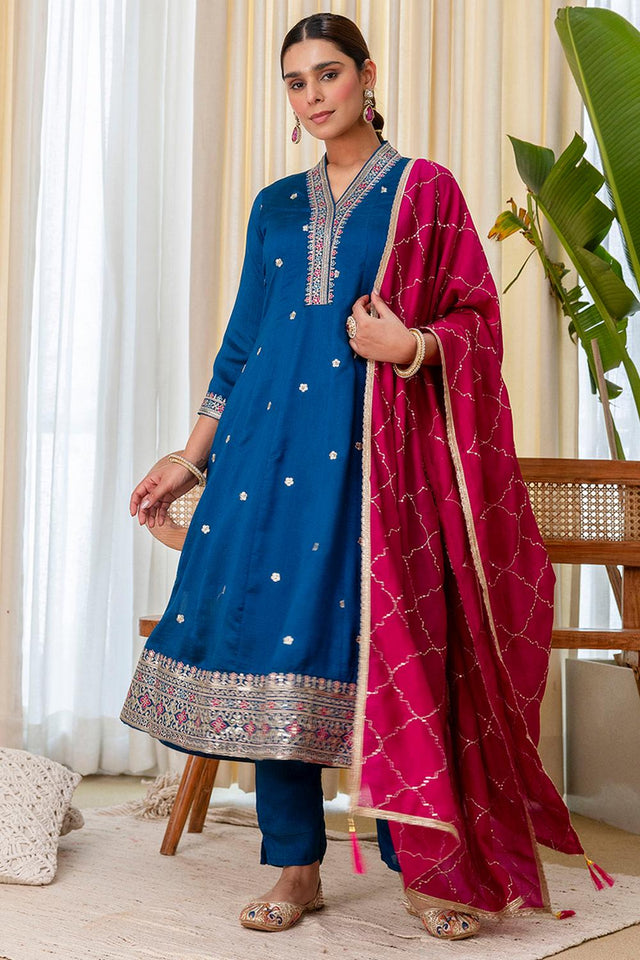 Turquoise Floral Embroidered Silk Blend Kurti Pant Set (ACA7188)