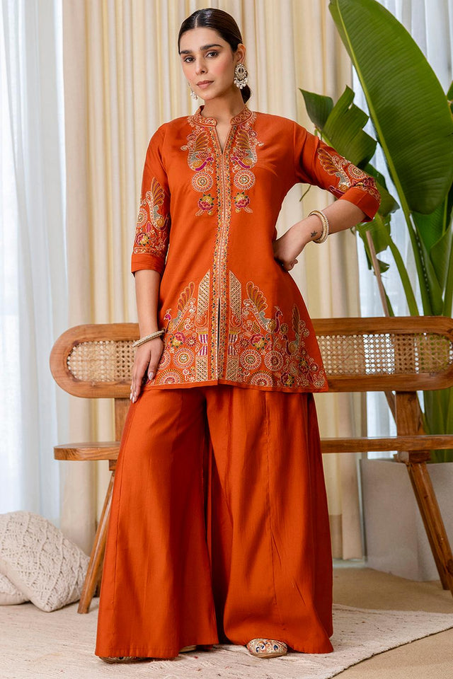 Rust Embroidered Silk Blend Palazzo Suits (ACA7189)