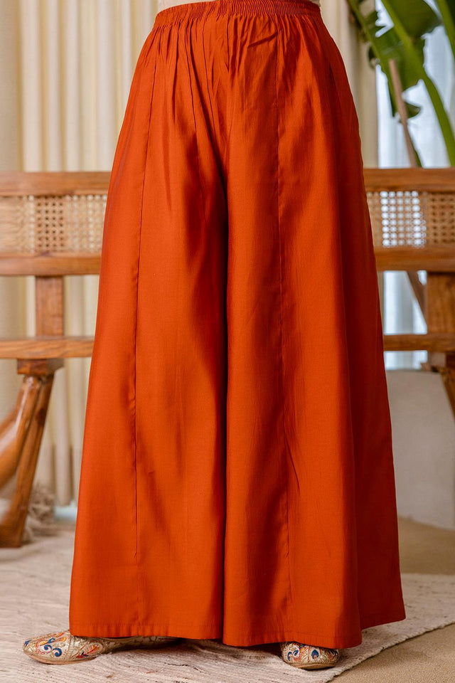 Rust Embroidered Silk Blend Palazzo Suits (ACA7189)