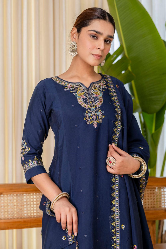Blue Embroidered Silk Blend Palazzo Suits (ACA7190)