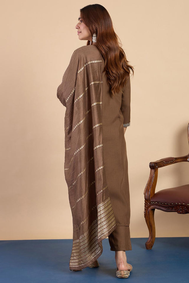 Brown Embroidered Cotton Blend Palazzo Suits (ACA7191)