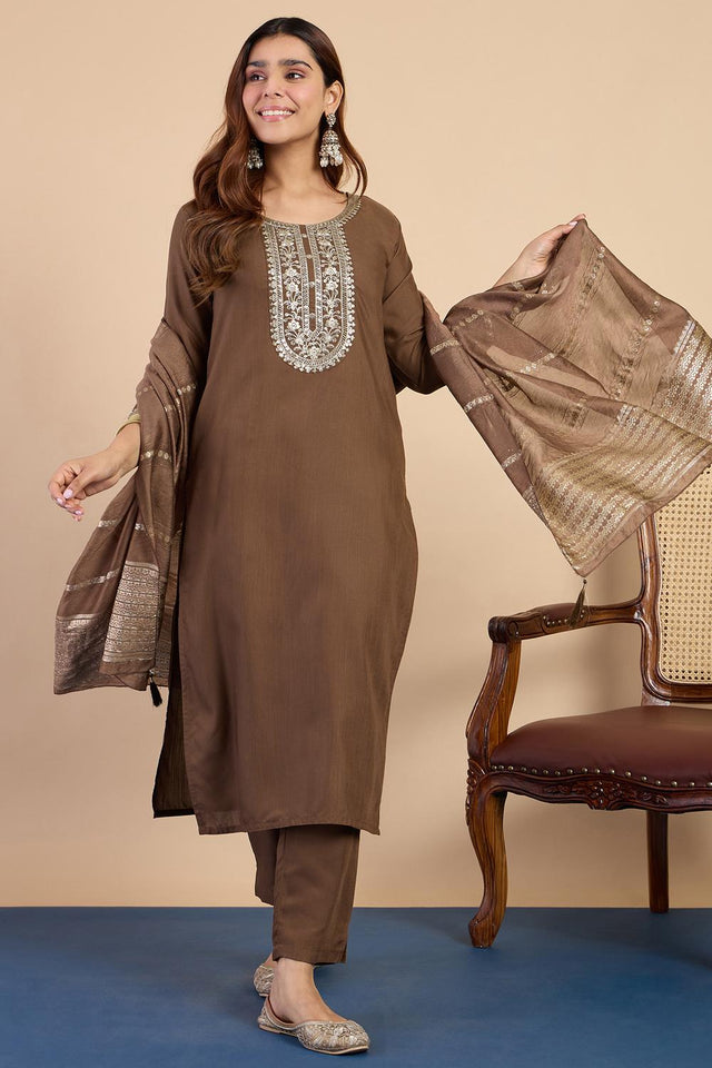Brown Embroidered Cotton Blend Palazzo Suits (ACA7191)