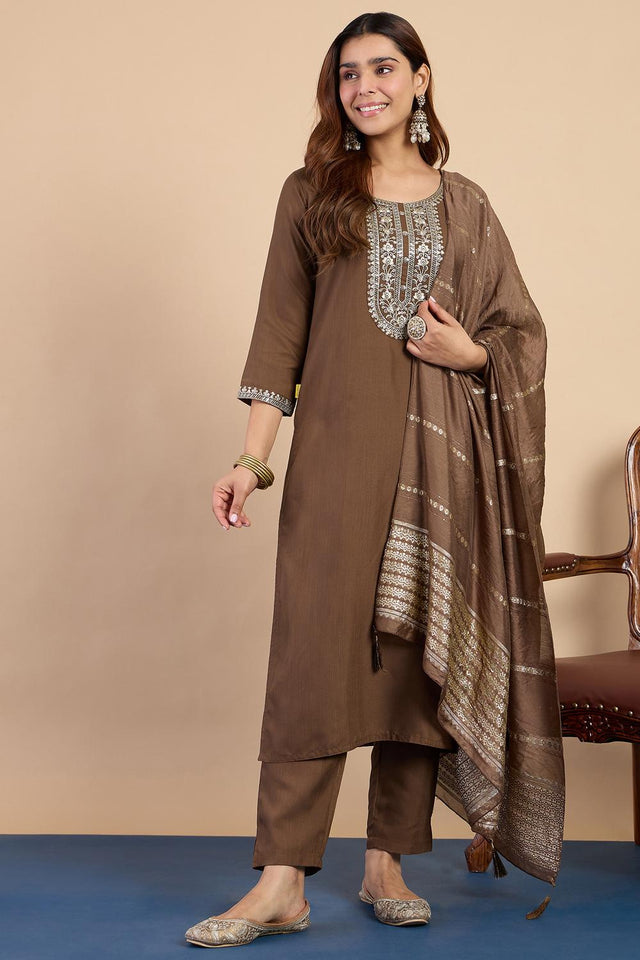 Brown Embroidered Cotton Blend Palazzo Suits (ACA7191)